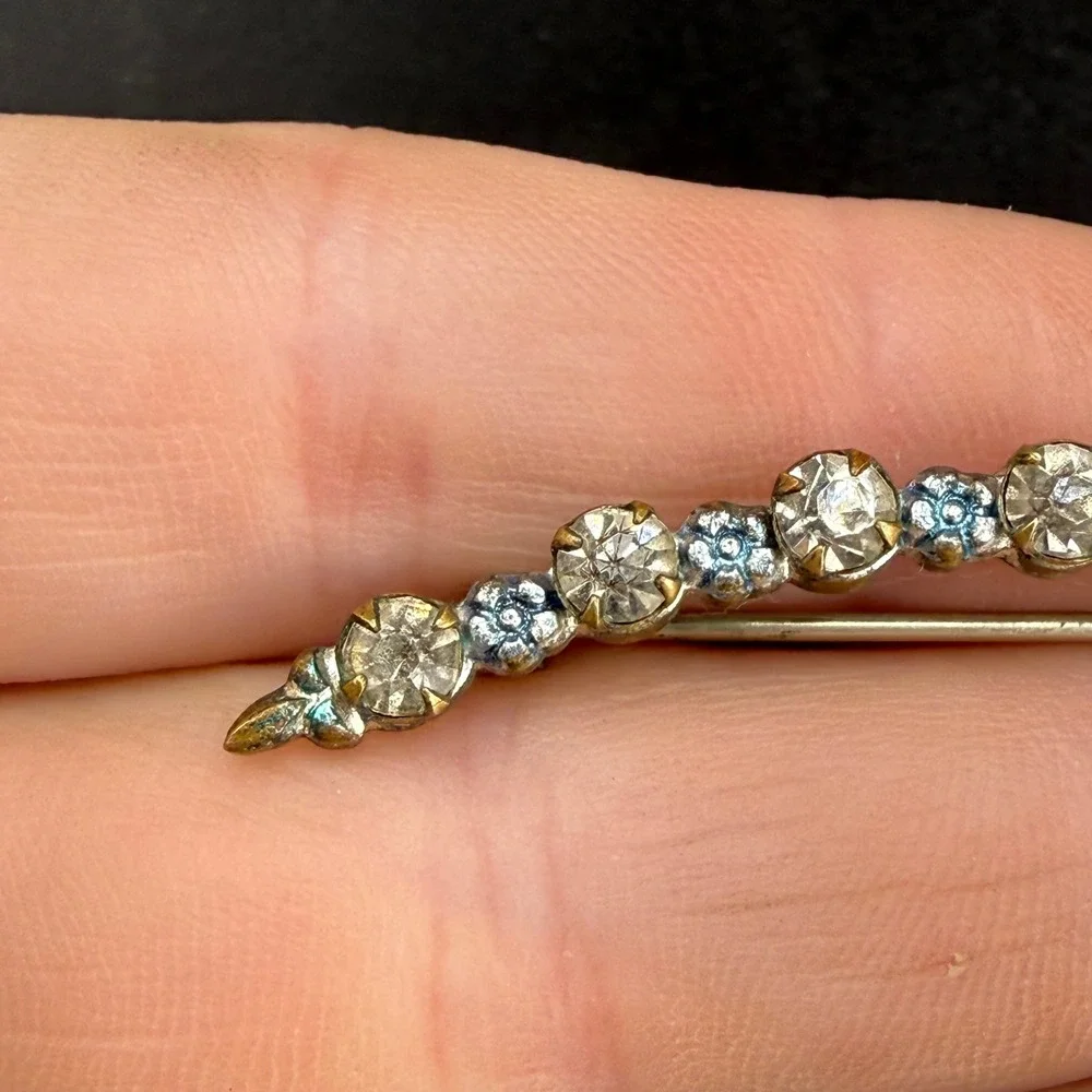 Vintage Bar Brooch Paste Silver Tone Blue Rhinestone Floral Curved